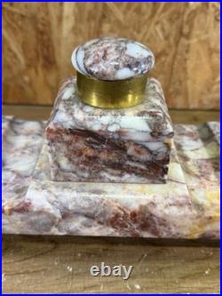 Encrier ancien marbre rouge veiné & laiton Style Art Déco 29 cm