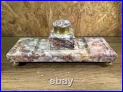 Encrier ancien marbre rouge veiné & laiton Style Art Déco 29 cm