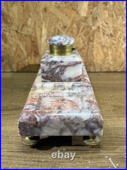 Encrier ancien marbre rouge veiné & laiton Style Art Déco 29 cm