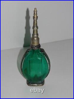 Flacon A Parfum A Vis Verre Vert Metal Mauresque Marocain Art-deco Fait-main Tbe