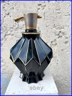 Flacon de Parfum Art Déco en Bakélite noire Filets Dorés Made in F à identifier