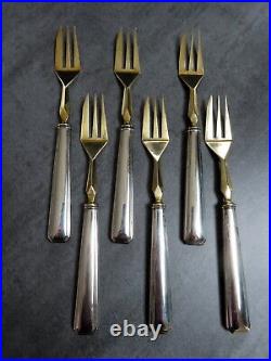 Français Antique Art Déco Gateau Fourches Géométrique Or Plaqué Argent Set 6 Français Antique Art Déco Gateau Fourches Géométrique Or Plaqué Argent Set 6