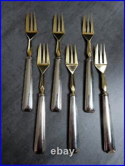 Français Antique Art Déco Gateau Fourches Géométrique Or Plaqué Argent Set 6