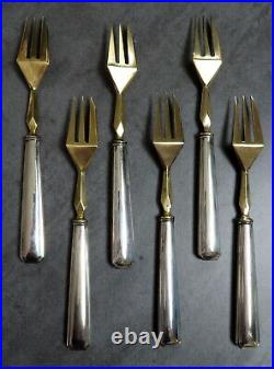 Français Antique Art Déco Gateau Fourches Géométrique Or Plaqué Argent Set 6