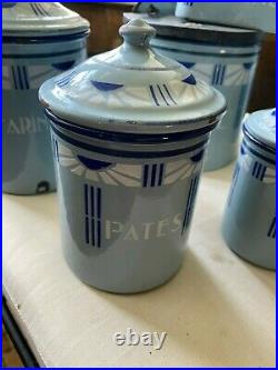 LOT 7 pots boites à épices anciens avec boite à sel en tôle émaillée Art Deco