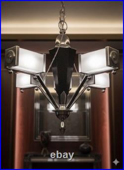 Lustre Art Deco Moderniste Ancien Laiton Chrome Lampe Design Vintage