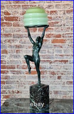 Max Le Verrier -nude Femelle Tenant Verre Dome-Art Déco Vintage Table Lampe
