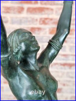 Max Le Verrier -nude Femelle Tenant Verre Dome-Art Déco Vintage Table Lampe