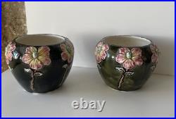 Paire de Petit cache pot en barbotine motif fleurs Art Nouveau Collection Déco