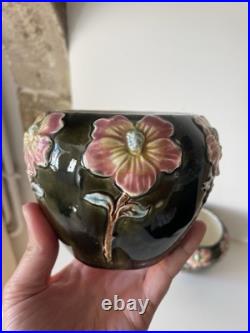 Paire de Petit cache pot en barbotine motif fleurs Art Nouveau Collection Déco