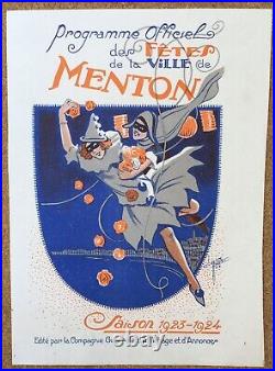 Pte Affiche Originale Ancienne Fêtes Ville Menton Clérice Frères Art Déco 1923