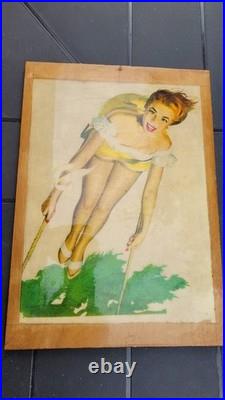Rare Art Deco 2 Panneaux Bois Vernis Pin Up Original 1950 Made In USA