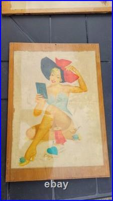 Rare Art Deco 2 Panneaux Bois Vernis Pin Up Original 1950 Made In USA