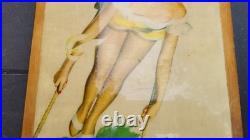 Rare Art Deco 2 Panneaux Bois Vernis Pin Up Original 1950 Made In USA