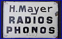 Rare Plaque émaillée bombée ancienne RADIOS PHONOS H MAYER Art Déco 1930