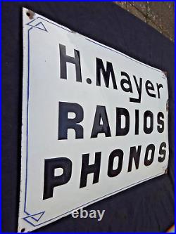 Rare Plaque émaillée bombée ancienne RADIOS PHONOS H MAYER Art Déco 1930