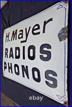 Rare Plaque émaillée bombée ancienne RADIOS PHONOS H MAYER Art Déco 1930