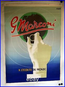 Rare affiche ancienne Radio Pathe Marconi Art Deco globe terrestre par Even