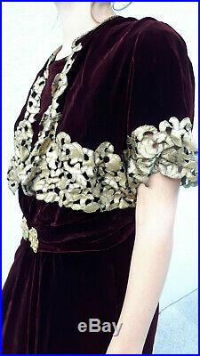 Rare superbe authentique robe en velours bordeaux 1920 années 20 Art Déco dress