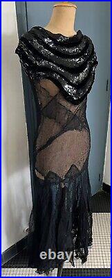 Robe Soirée ancienne art deco 1920 /1930 vintage Tulle Noire Pailletes Taille 38