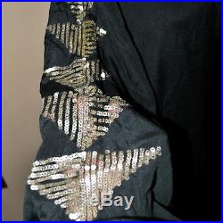 Robe longue Rétro en crèpe noir ART DECO 1920 Cache-coeur / manches sequin T42