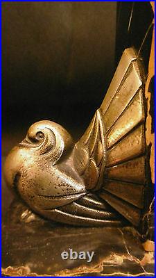 SUPERBE antique art déco Portor marbre horloge avec bronze colombe sculptures