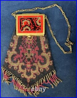 Sac de soirée Art Déco 1920 perles verre bakélite décorée miroir intérieur