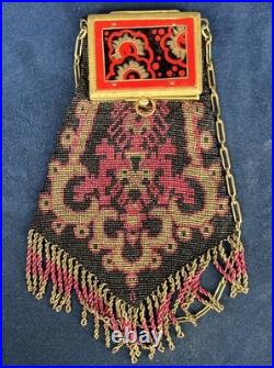 Sac de soirée Art Déco 1920 perles verre bakélite décorée miroir intérieur