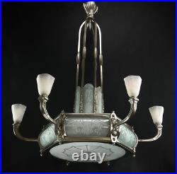 Schneider Lustre Art déco Suspension Plafonnier Verre 1920 Original 84 cm