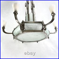 Schneider Lustre Art déco Suspension Plafonnier Verre 1920 Original 84 cm