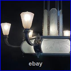 Schneider Lustre Art déco Suspension Plafonnier Verre 1920 Original 84 cm