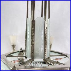 Schneider Lustre Art déco Suspension Plafonnier Verre 1920 Original 84 cm