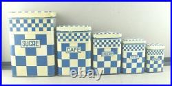 Série de 5 boites à épices Art Déco en tôle peinte de damiers blanc-bleu