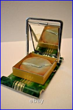 Vintage Art Déco Maquillage Étui Meuble-Lavabo avec Miroir Voyage Métal Peint À Vintage Art Déco Maquillage Étui Meuble-Lavabo avec Miroir Voyage Métal Peint À