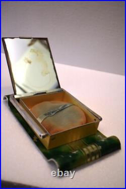 Vintage Art Déco Maquillage Étui Meuble-Lavabo avec Miroir Voyage Métal Peint À Vintage Art Déco Maquillage Étui Meuble-Lavabo avec Miroir Voyage Métal Peint À