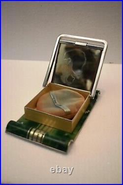 Vintage Art Déco Maquillage Étui Meuble-Lavabo avec Miroir Voyage Métal Peint À Vintage Art Déco Maquillage Étui Meuble-Lavabo avec Miroir Voyage Métal Peint À